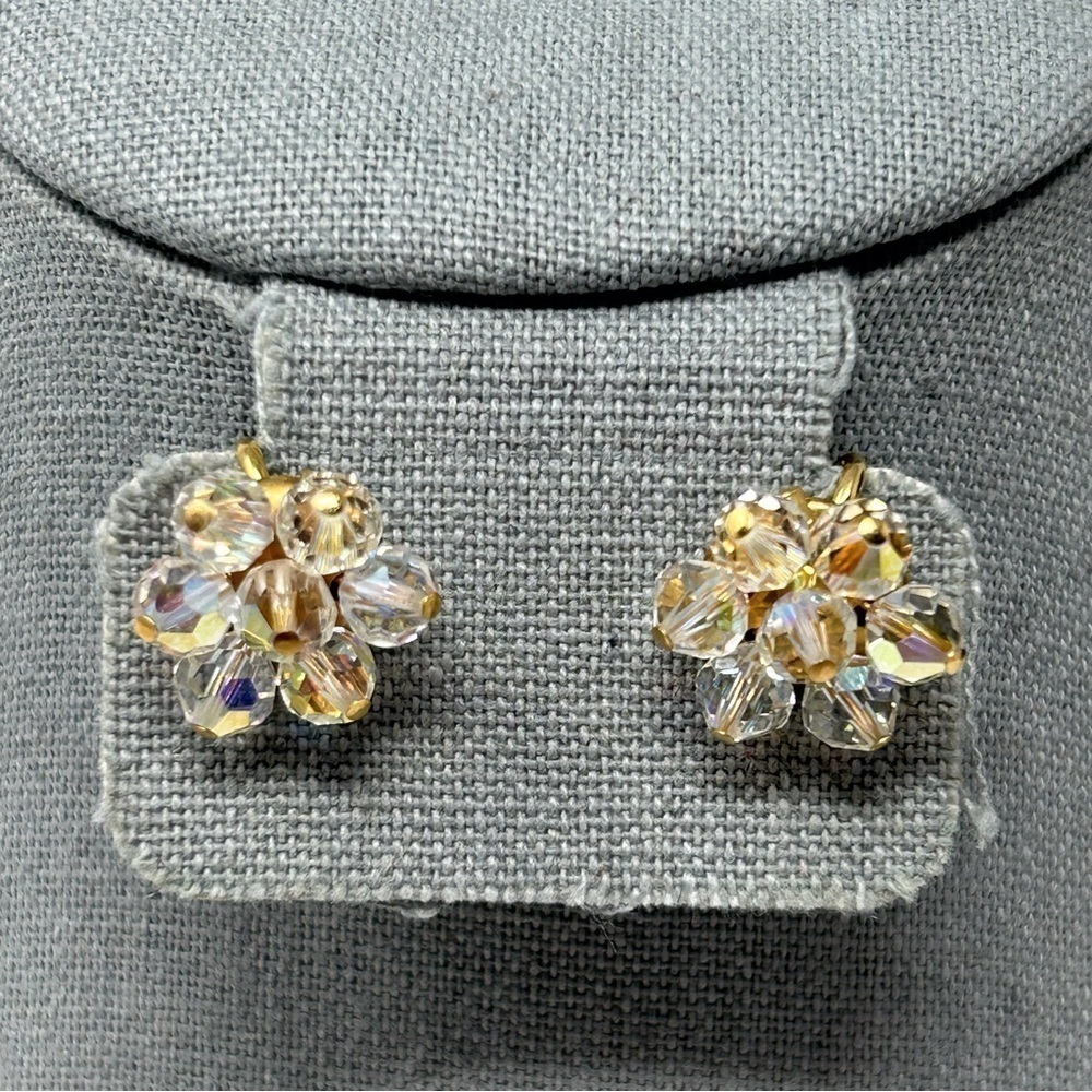 Small Vintage Clear Beaded Sparkle Flower Clip On Earrings Gold Tone